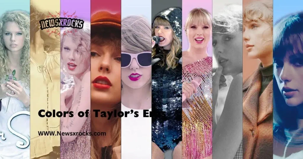 A vibrant collage showcasing the TColors of Taylor’s Eras, reflecting her musical evolution through distinct color palettes.